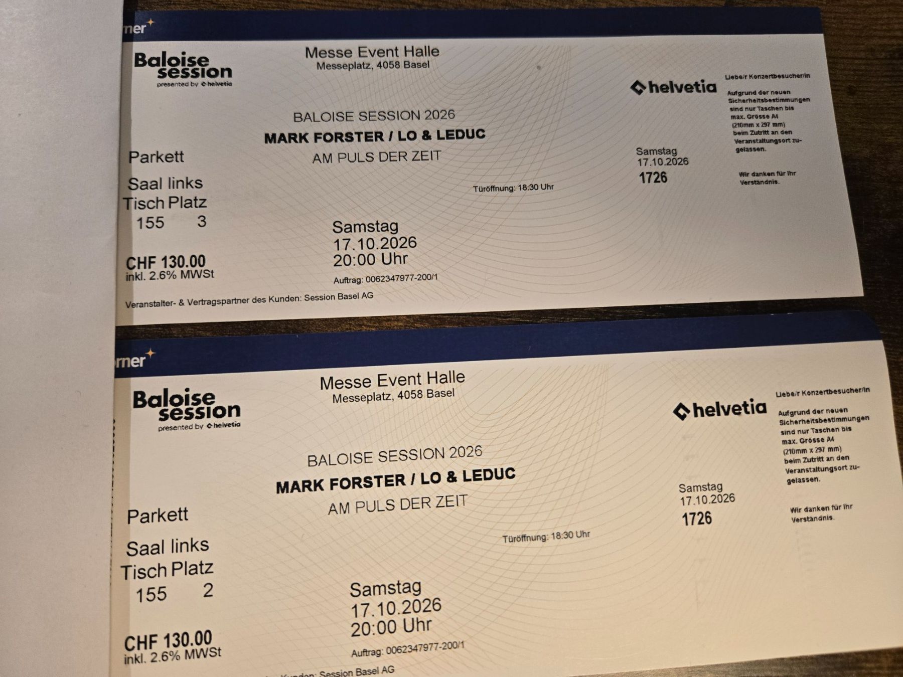 Biglietti: Baloise Session - Mark Forster & Lo Leduc (2 Tickets) – Nuovo e nell'imballaggio originale da Basel venduto da pet_wpf7