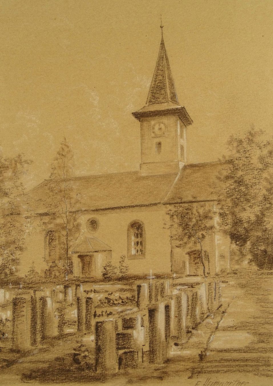 Poster & Bilder: KIRCHE VON LINDEN, BERN, ÄLTERE ZEICHNUNG E. HEIMGARTNER – Gebraucht aus Grüningen von Kartensammler 1