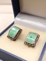 Antike seltene versilberte Ohrhänger mit Natur Jade Top