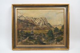Paysage de village alpin avec église — huile sur toile