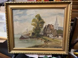 Peinture à l'huile signée À. Bergeret - Paysage Lac 🖼️🎨 