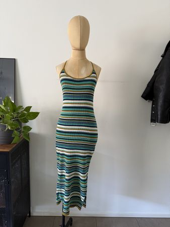 Midi Kleid eng gestreift grün Y2K Bodycon Sommer, Gr. L