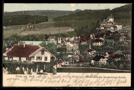 AK Worb, Generalansicht mit Landschaft, Haushaltungs-Schule