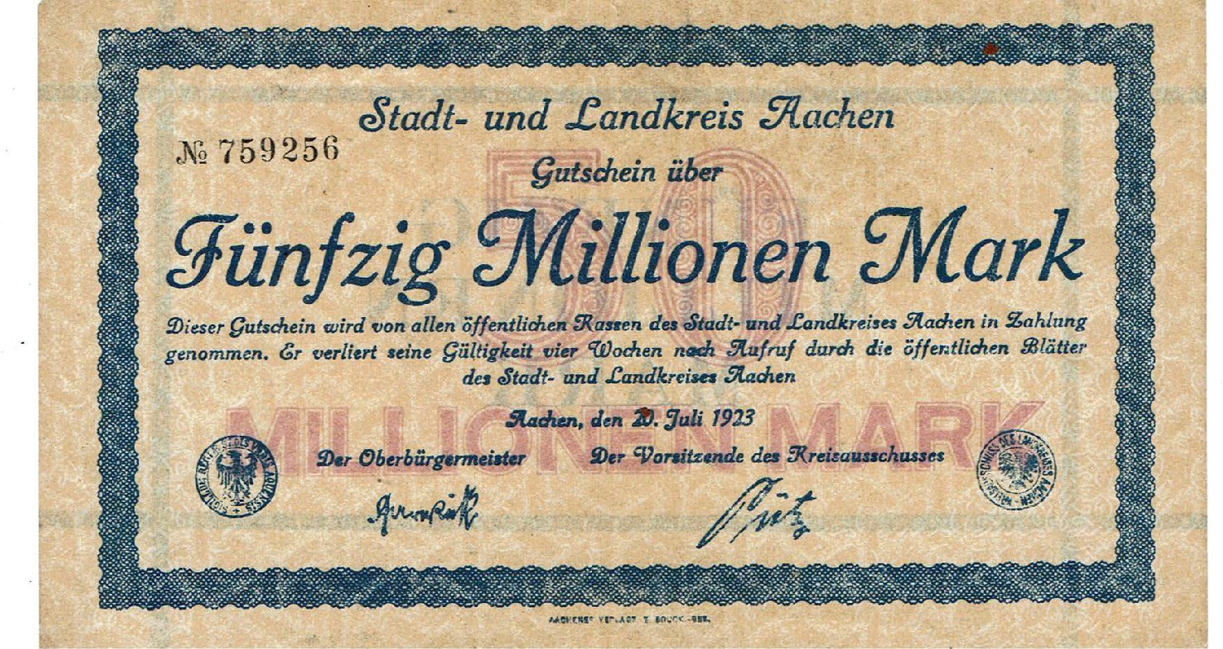 Banconote: Aachen 50 Mil.Mark 20.07.1923 SS++-VZ – Usato da Steffisburg venduto da ber_8htf