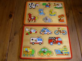 2 Holz-Steckpuzzles von Jouéco, grosse Greifknöpfe f. Kleine