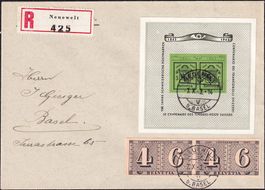 1943, Genfer-Block Nr. W18, auf R-Brief NEUEWELT b. Basel