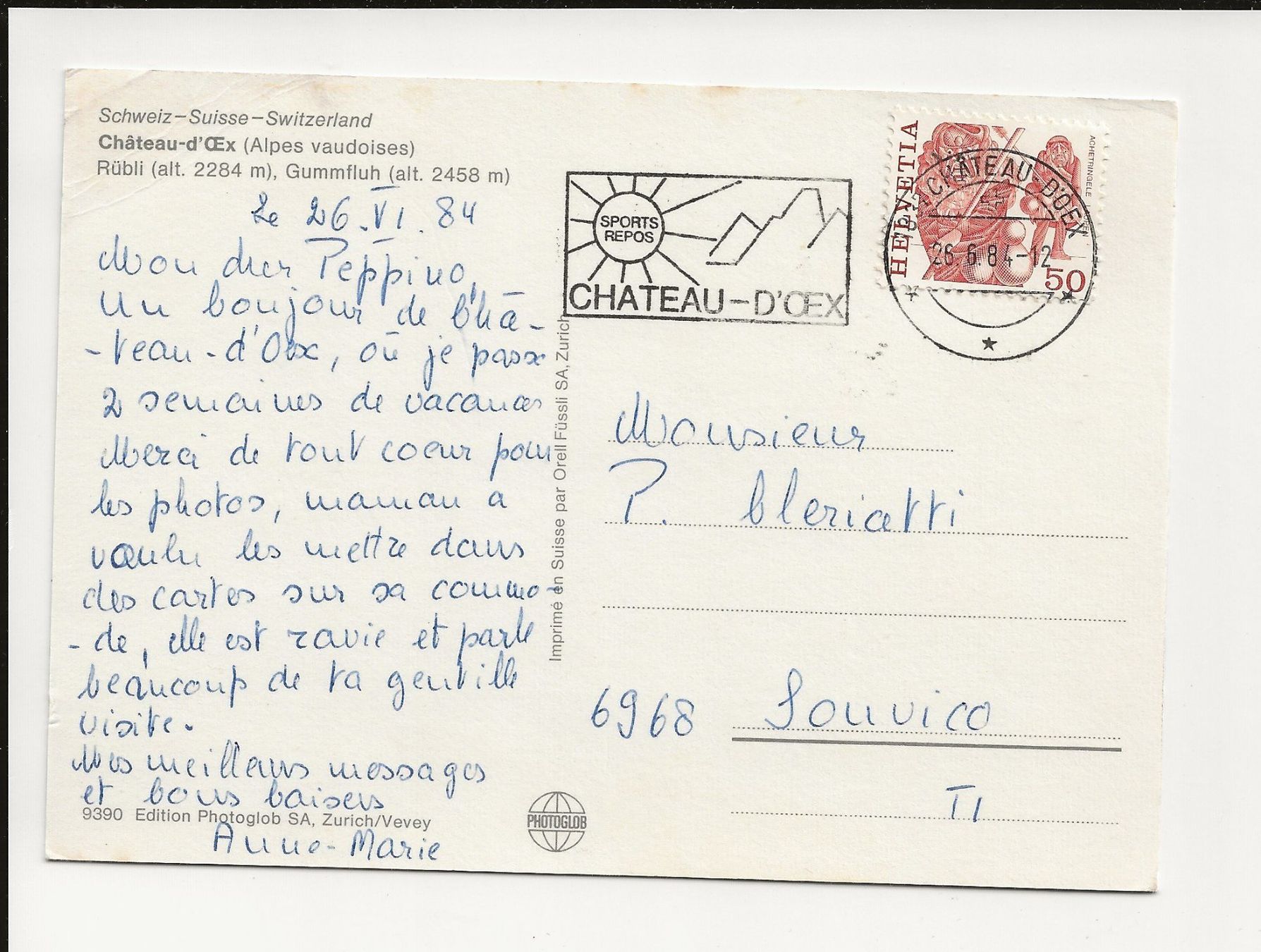 Ansichtskarten: AK 1984 Château-d'Oex – Gebraucht aus Greifensee von 315WDO 1