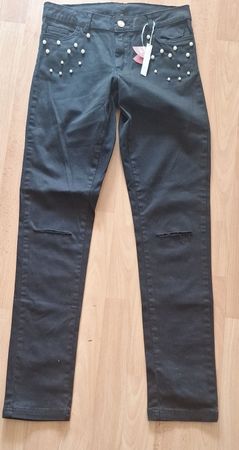 Jean noir femme taille haute perles