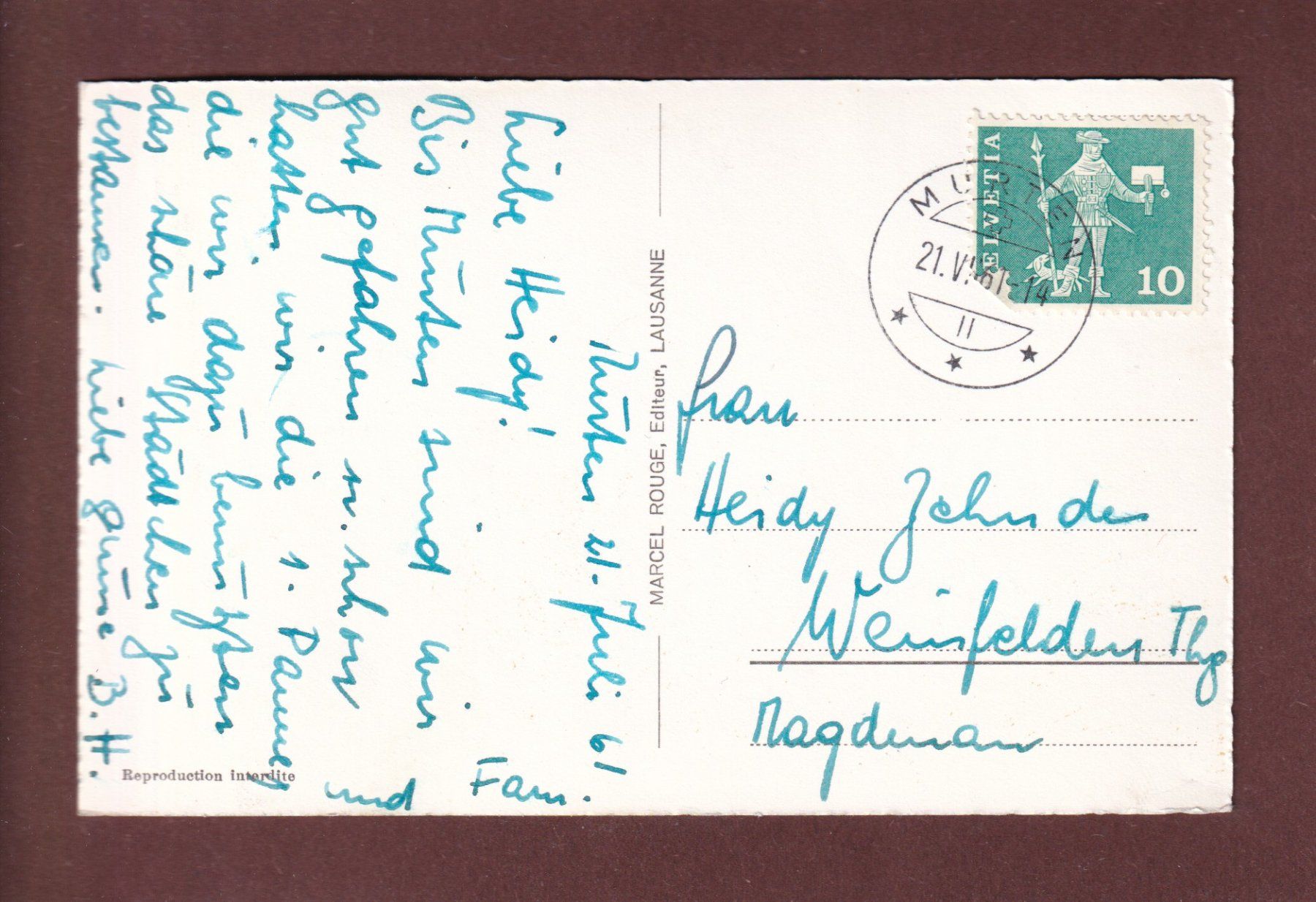 Cartoline postali: MORAT / MURTEN - 1961 – Usato da Pully venduto da nicecards-shop 1