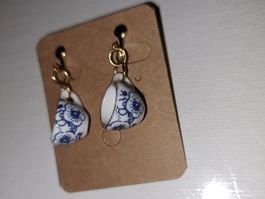 Super süsse Porzellan Ohrclips blau weiss Blume neu Retro