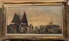 Gemälde mit Schiffen und Menschen an der Küste