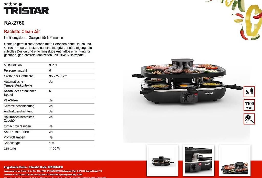 Elettrodomestici da cucina: TRISTAR Raclette Clean Air - RA-2760 – Nuovo e nell'imballaggio originale da Opfikon venduto da Trodat5430