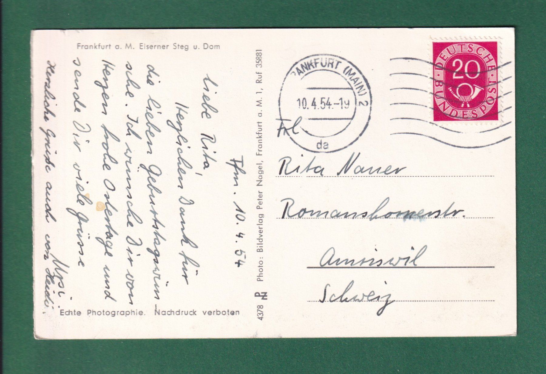 Cartoline postali: FRANKFURT - Eiserner Steg - 1954 – Usato da Pully venduto da nicecards-shop 1