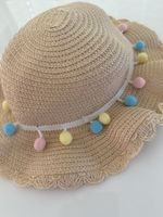 Stroh Sonnenhut Kinder beige mit bunten Bommeln Gr. ca.52