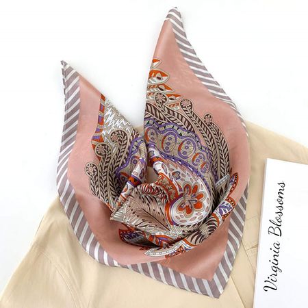 New 53cm Silk Scarf, Boho Paisley Pink Beige Gray 100% Silk