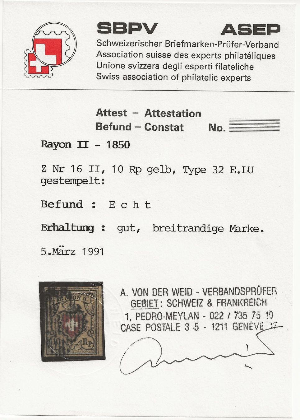 Alle Briefmarken: Rayon II Stein E-LU Type 32 / Fehlerfreie Marke / Attest – Gebraucht aus Zürich von Snoopy74 2