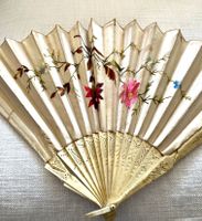 Éventail ancien ('20) en soie, décor floral, manche en corne