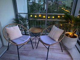 2er Set Rattanstühle mit Sitzkissen, Beistelltisch & Pflanze