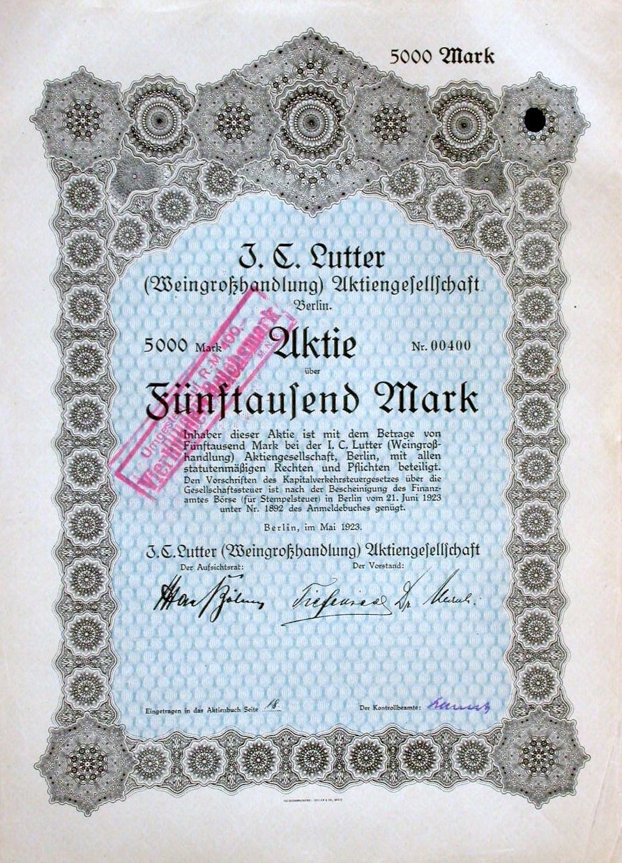Documenti: J.C. Lutter (Weingrosshandlung) AG, Berlin - 1923 – Usato da Solothurn venduto da Sgasche