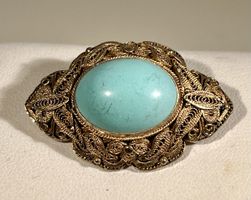 Ancienne broche argent vermeil, belle turquoise, Xijiang
