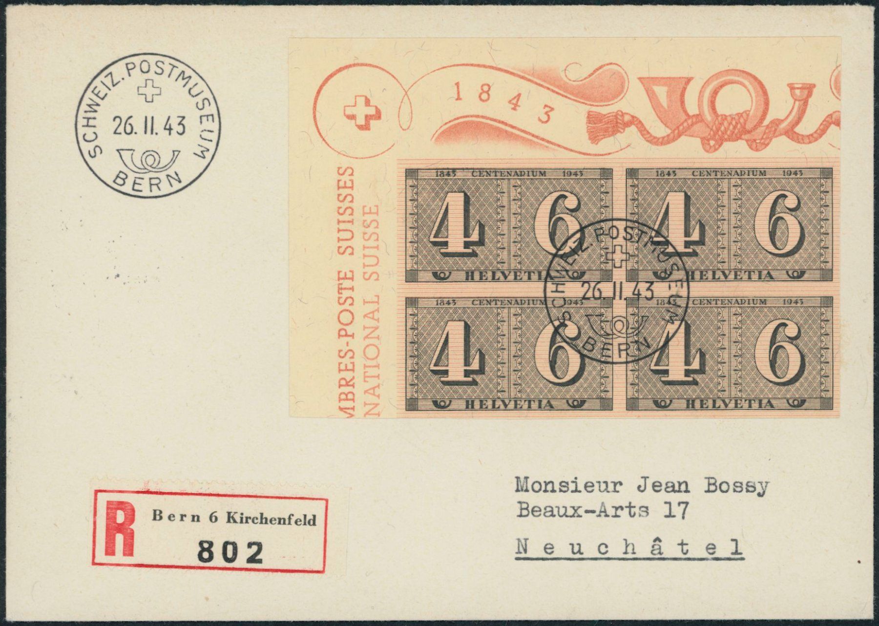 Alle Briefmarken: 1943  Luxusbogen - Blockausschnitt - Ersttagsbrief FDC U4 ET – Gebraucht aus Schindellegi von leecollect