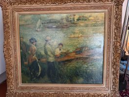 Ölgemälde am Fluss mit Personen im verzierten Holzrahmen