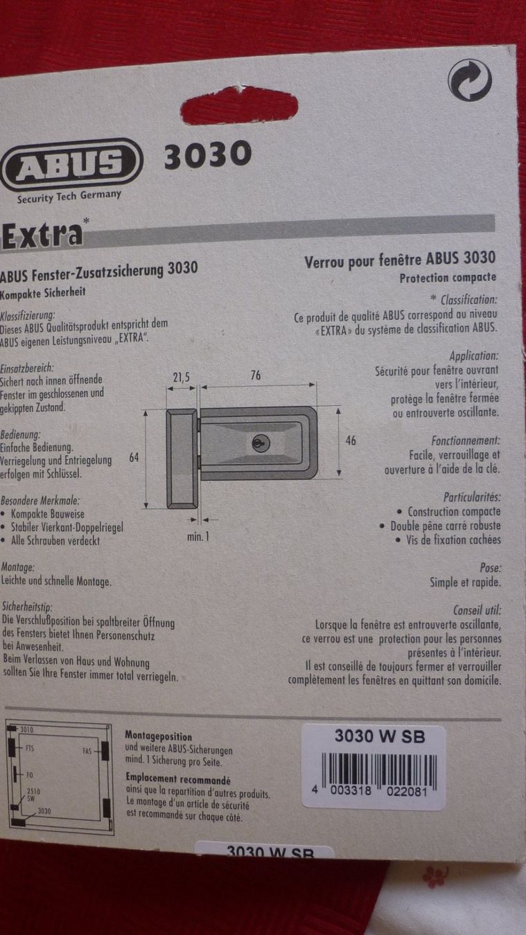 Abus Lucchetti: Abus Fenster-Zusatzsicherung 3030 Neu – Nuovo e nell'imballaggio originale da Zürich venduto da gallienus 3