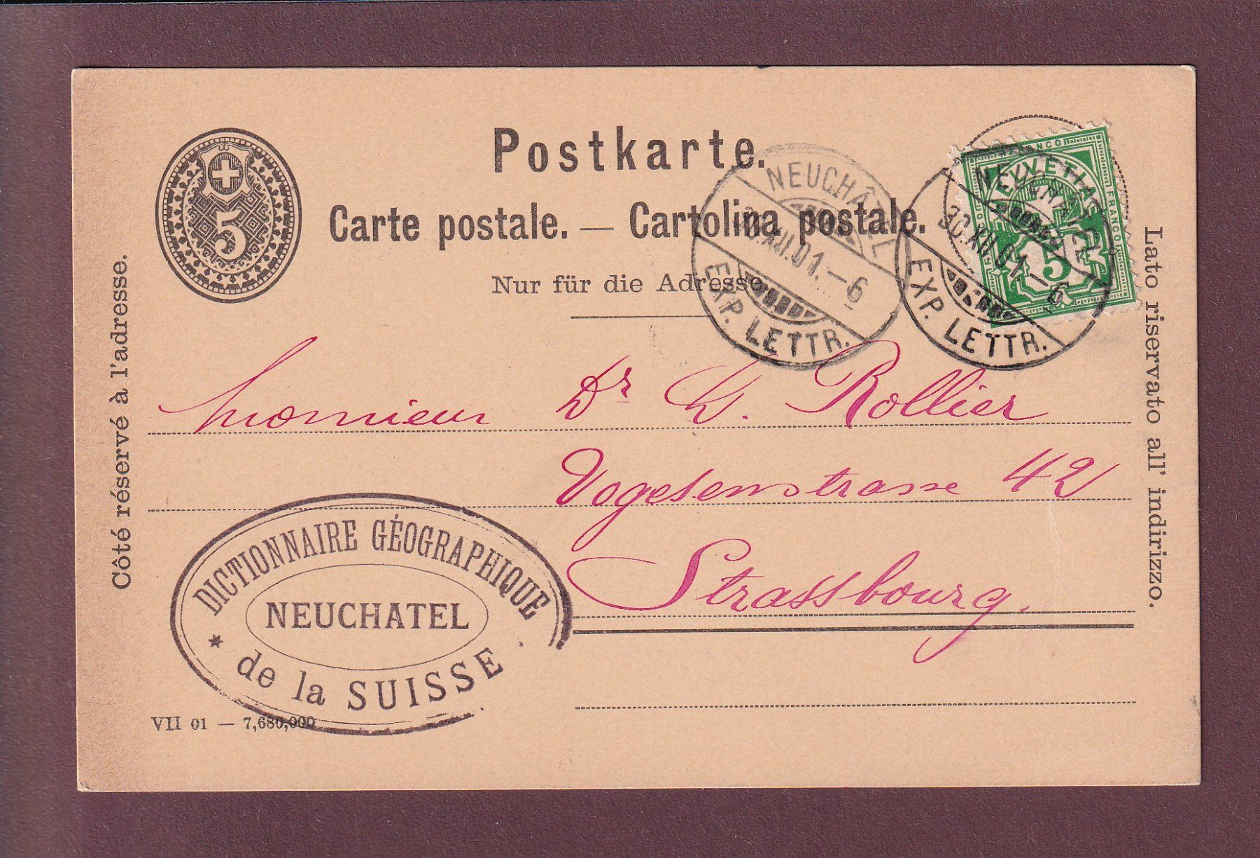 Cartoline postali: Carte postale pré-affranchie 1901 dictionnaire géographique – Usato da Pully venduto da nicecards