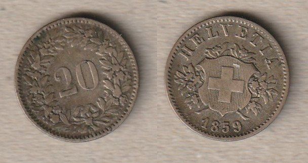 Alle Münzen: 20 Rappen 1859 Wappen – Gebraucht aus Allschwil von Coinfreak