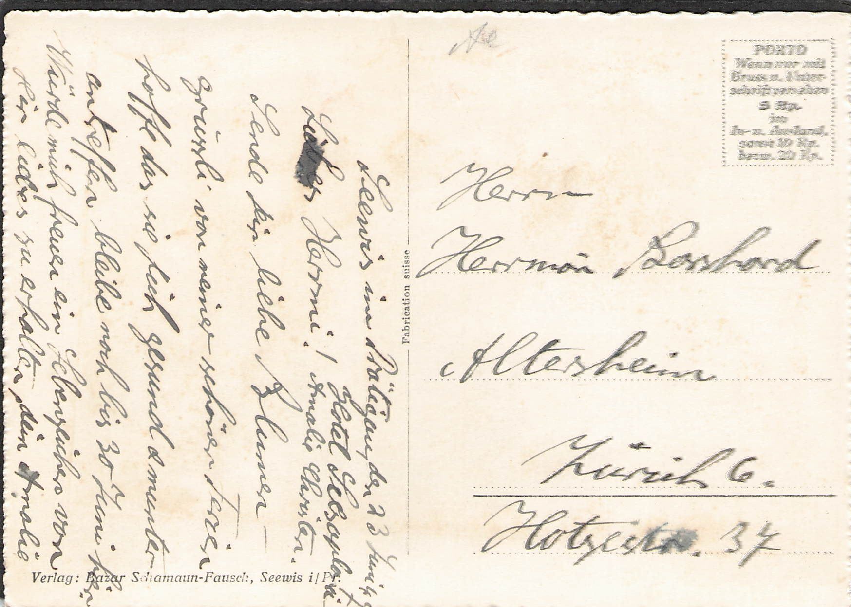 Cartoline postali: AK.GR Seewis i./Pr , 1947 – Usato da Reichenburg venduto da Pipo-67 1