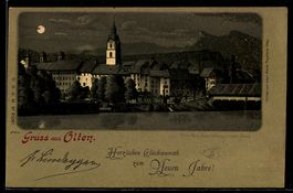 Lithographie Olten, Ortsansicht mit Kirche und gedeckter Brü