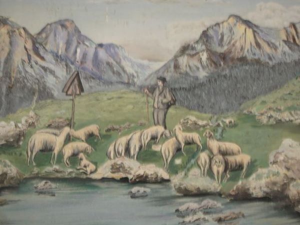 Dipinti: C.Martin. Hirte mit Schafen am Bergsee – Usato da Trachslau venduto da post35 2