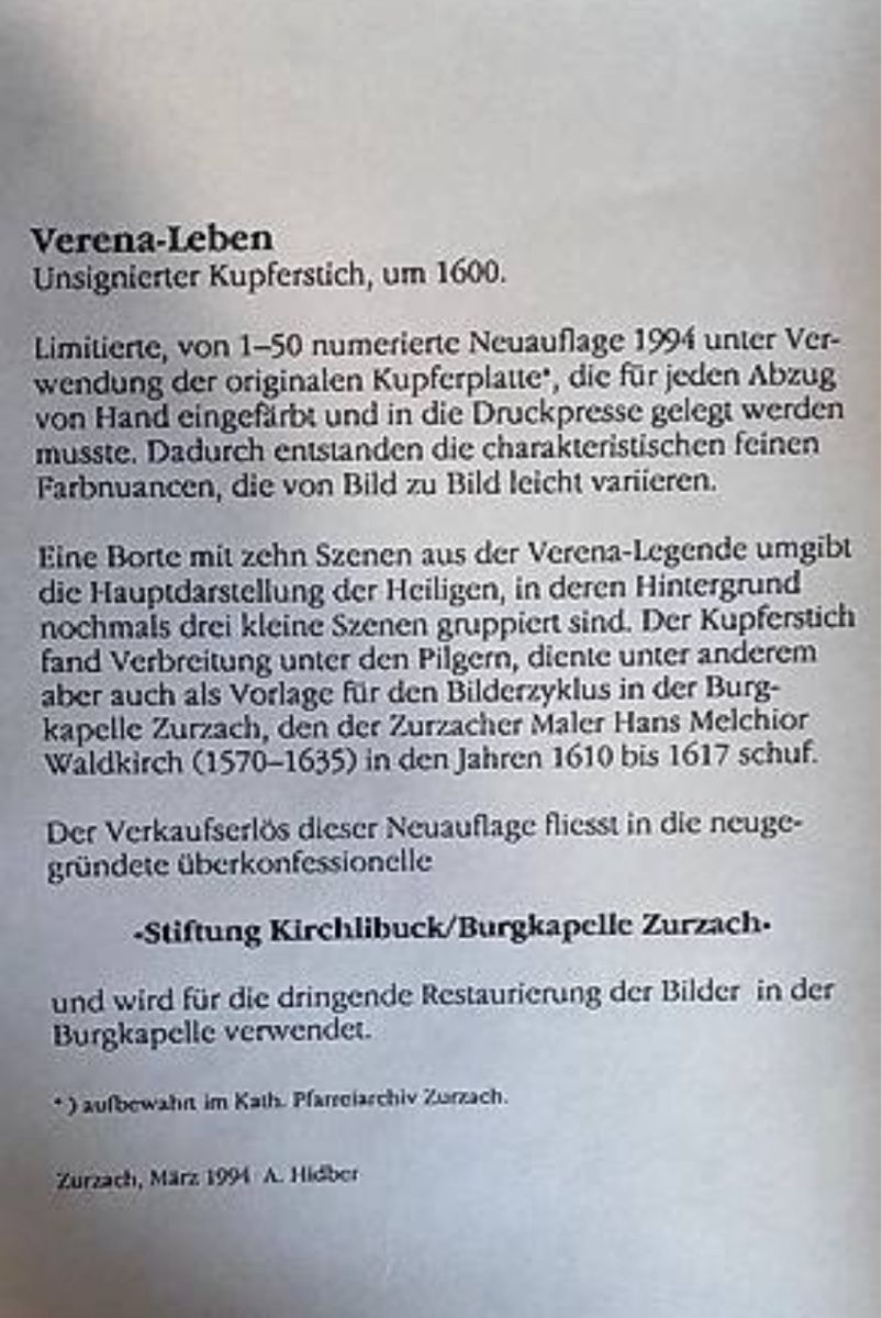 Stiche: Kupferstich um 1600 Verena-Leben – Gebraucht aus Dallenwil von ercrah 1
