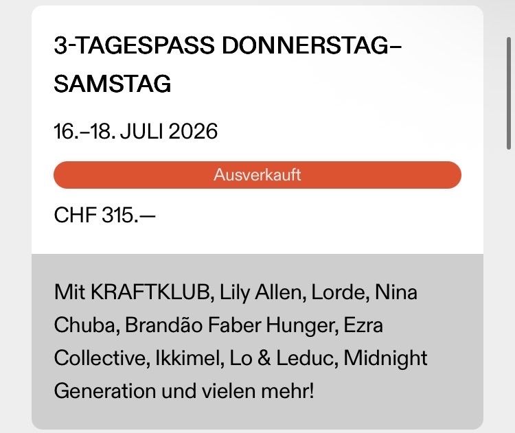 Biglietti: 3-Tagespass Donnerstag-Samstag 16.-18. Juli 2026 – Nuovo e nell'imballaggio originale da Bern venduto da nat_c75k