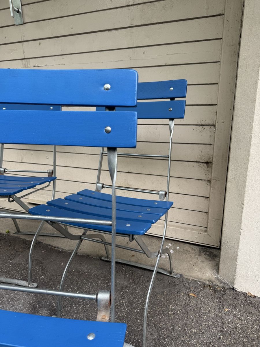 Sedie: 6 wunderschöne Klappstühle blau, Metallgestell – Usato da Bern venduto da bencivenga 2