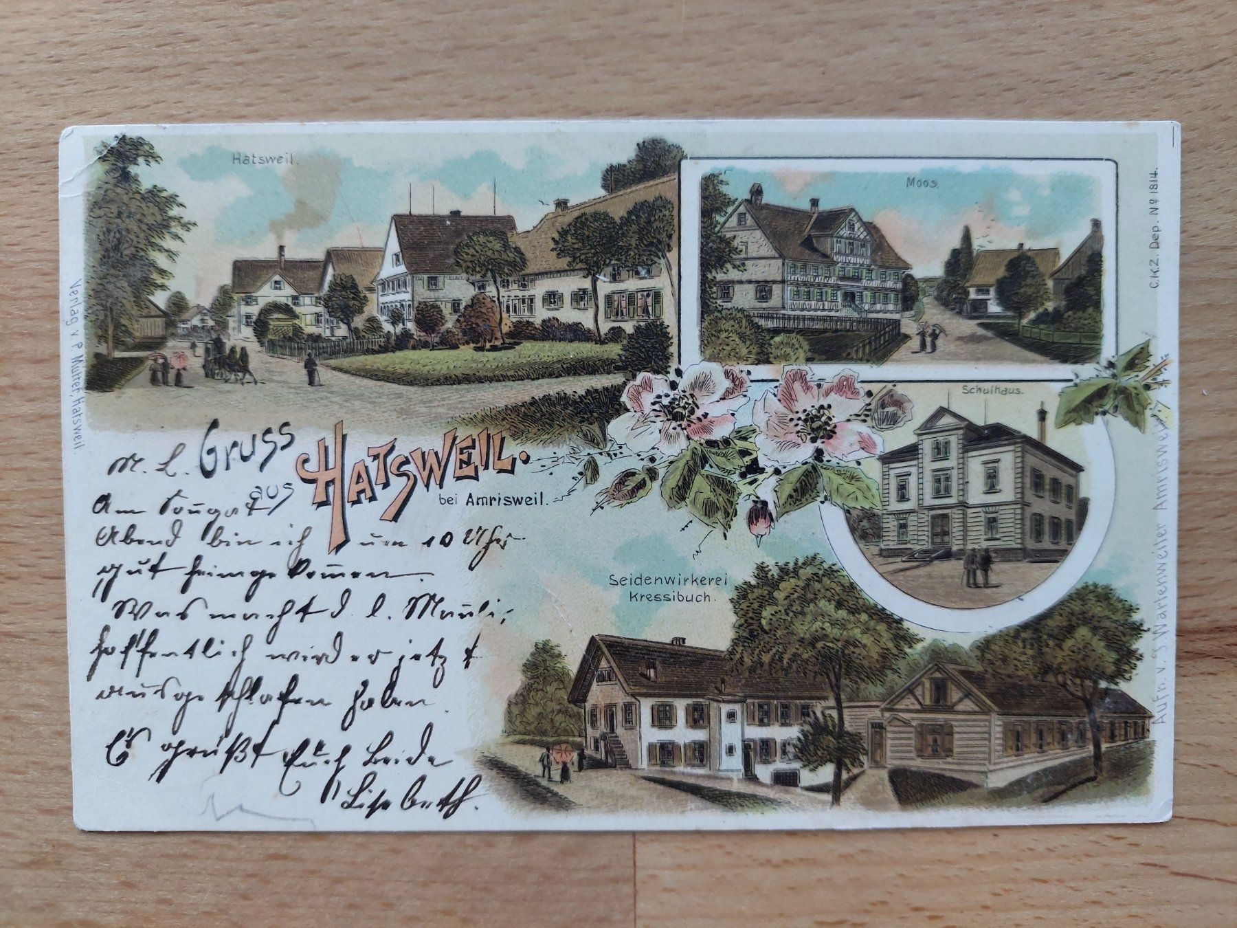 Cartoline postali: AK Lithographie Hatswil 4-bildrig – Usato da Obfelden venduto da Foto_Bild_Kunst_Buch