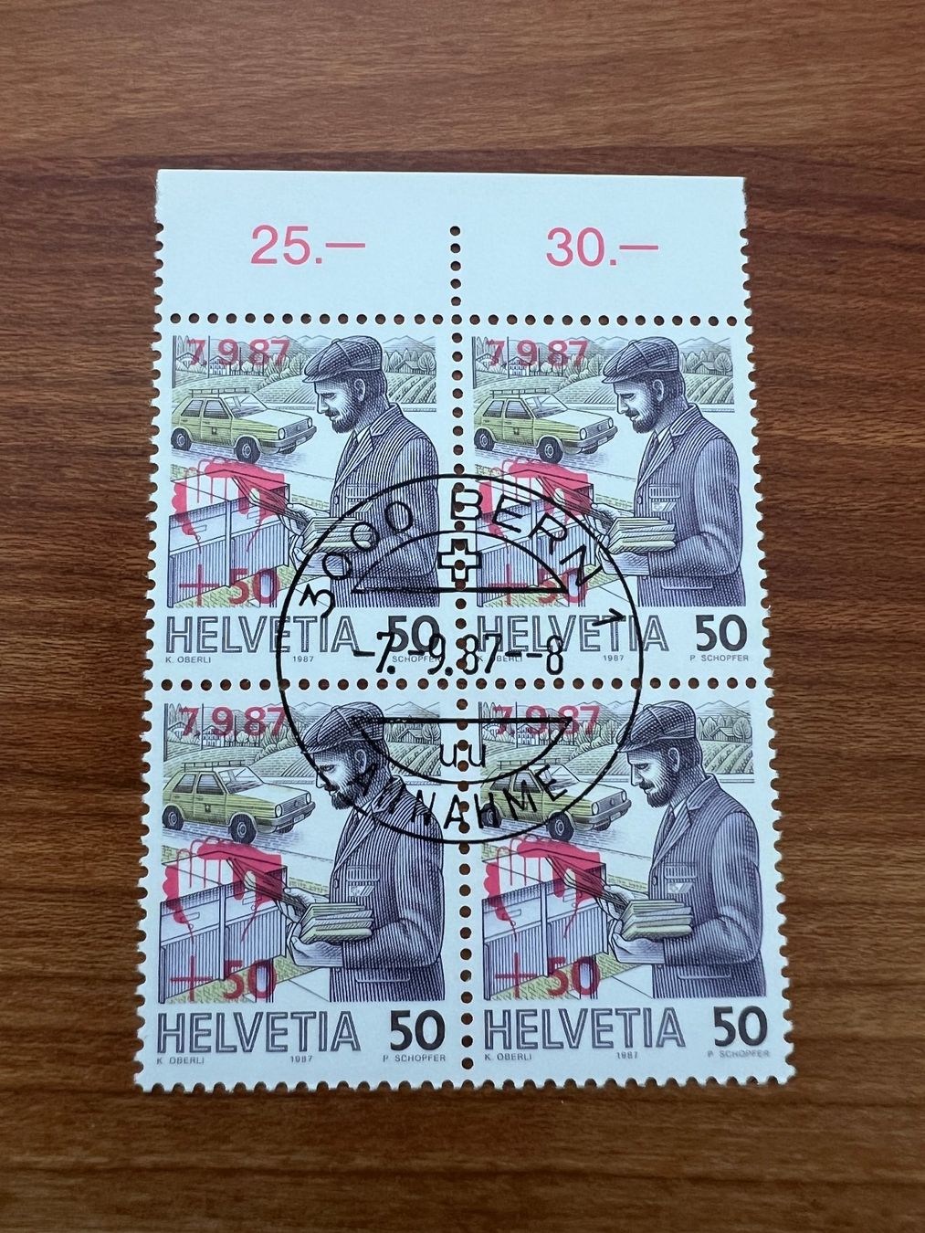 Tutti i francobolli: 1987  CH Erstag gest.Viererblock mit Tab  (K238) – Usato da Hinwil venduto da Sidi4