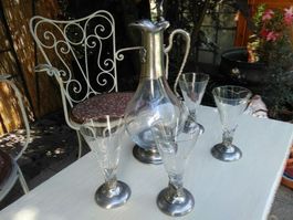 Weinkaraffe Kristallglas/Zinn + 4 Gläser