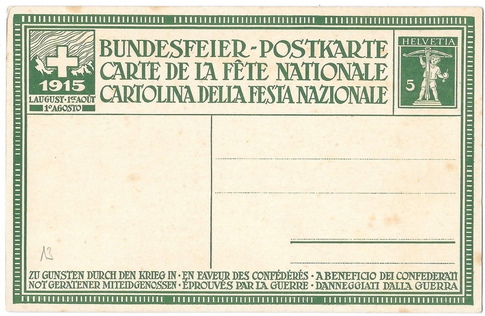 Tutti i francobolli: Bundesfeier-Postkarte Nr. 13 ** 1915 – Nuovo (secondo la descrizione) da Olten venduto da clotaldi 1