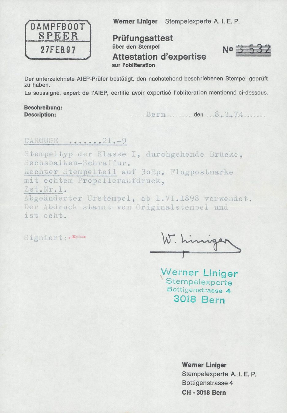 Tutti i francobolli: Flugpost 1920, Nr. F1 mit Attest, 2000.- – Usato da Horw venduto da pilatusmail 2