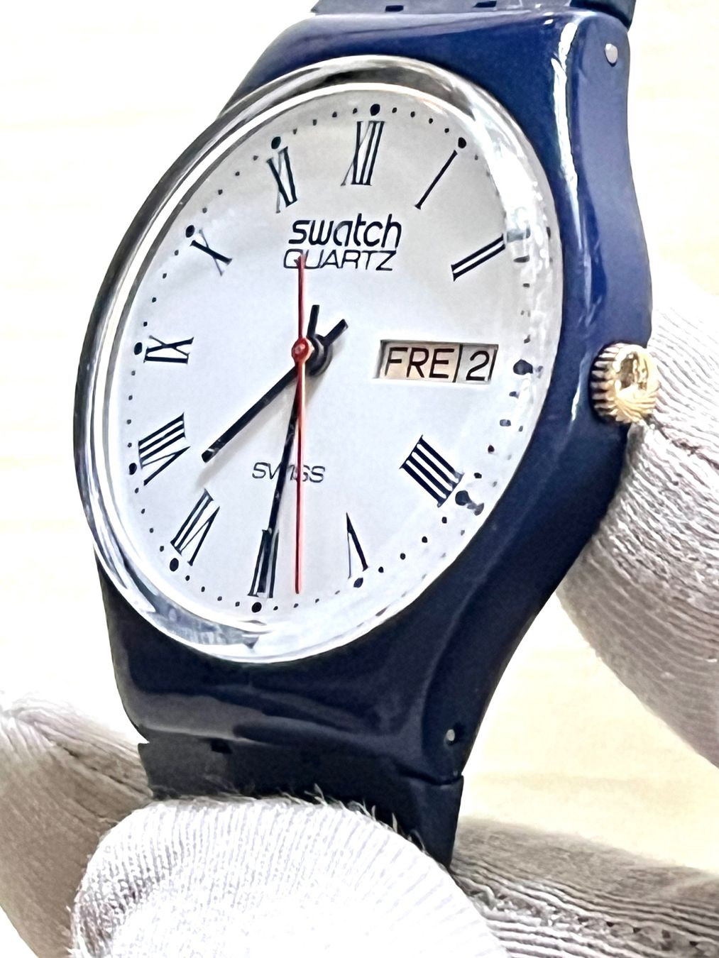 Swatch Orologi: Swatch Uhr Klassiker, blaues Armband, Back Code 883 – Usato da Grenchen venduto da chththl 4