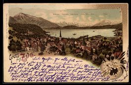 Lithographie Zug, Gesamtansicht mit Bergspitzen, Edelweiß