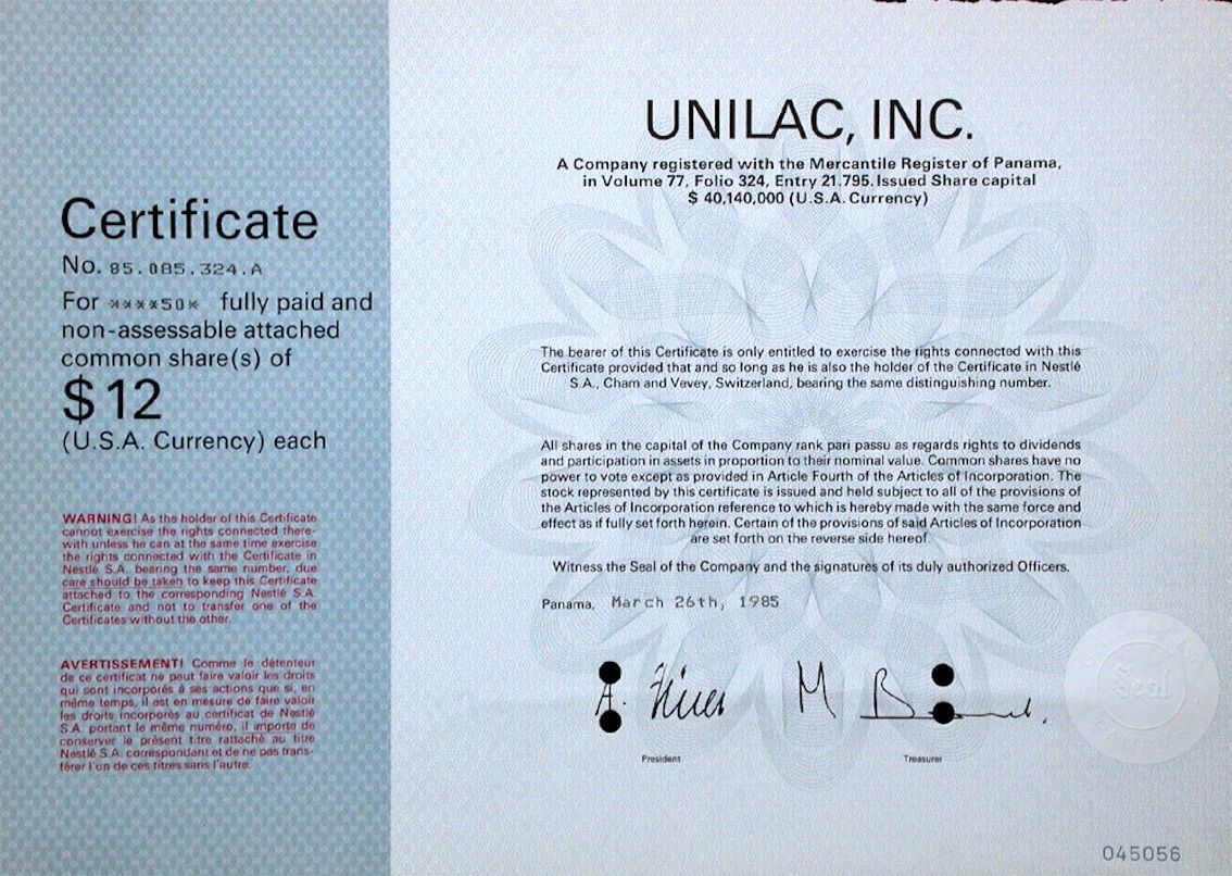 Dokumente: UNILAC, Inc., Panama - 1981 – Gebraucht aus Solothurn von Sgasche