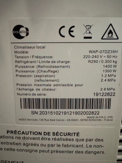 Condizionatori: Climatiseur Equation 1400 W – Usato da Cornaux NE venduto da zelia64 5