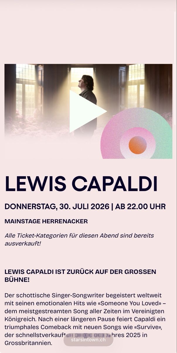 Tickets: 2x Lewis Capaldi, Stars in Town, 30.7. – Neu (gemäss Beschreibung) aus Zollikerberg von yl01