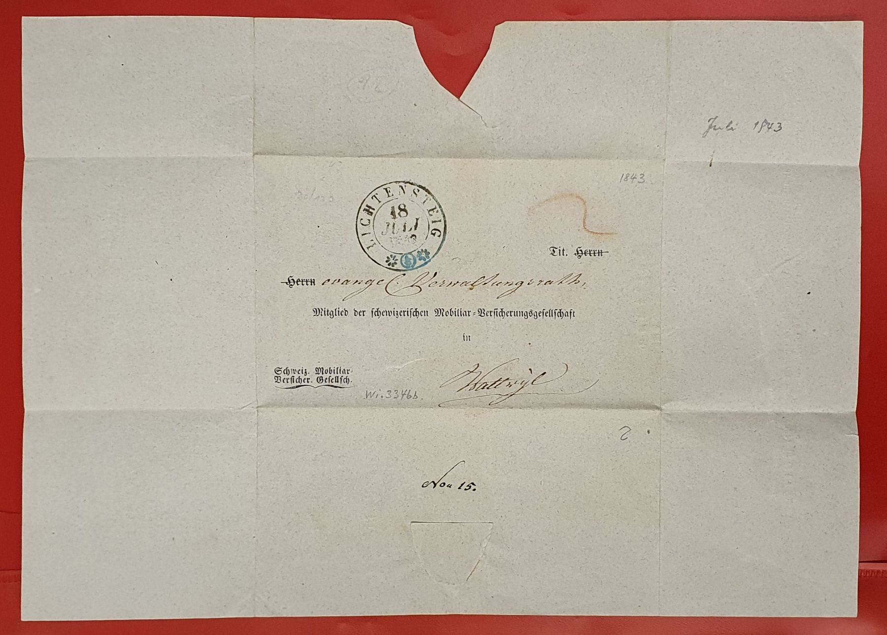 Tutti i francobolli: Liechtensteig 1843 -Schweiz. Mobiliar Vers. Gesellschaft – Usato da Kreuzlingen venduto da Rschweiz1 3