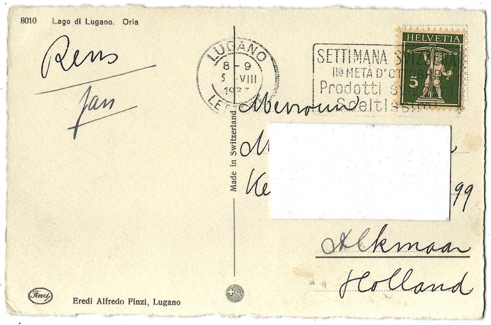 Cartoline postali: 8010     Lago  di  Lugano.    Oria – Usato da Bütschwil venduto da Jackson1A 1