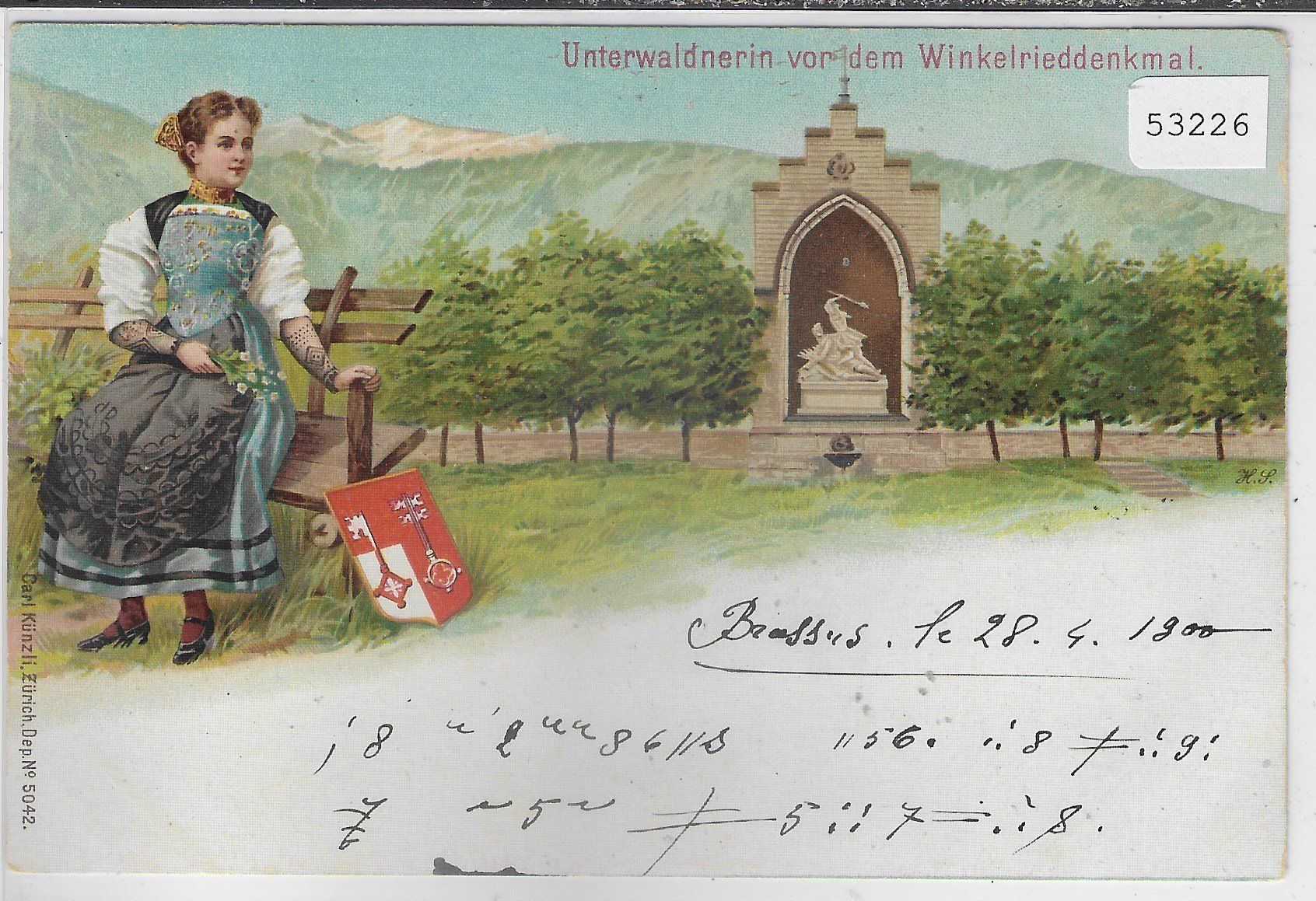 Ansichtskarten: Unterwaldnerin vordem Winkelrieddenkmal - Litho – Gebraucht aus Ettingen von Kartenplanet