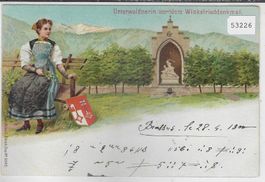Unterwaldnerin vordem Winkelrieddenkmal - Litho