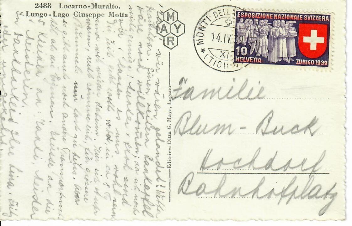 Cartoline postali: Locarno Muralto 1939 – Usato da Hochdorf venduto da Ziegel-16 1